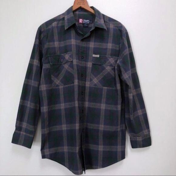 Chaps Mens Plaid Button Up Shirt Size M Blue & Green 100% Cotton Long Sleeve - Picture 2 of 8